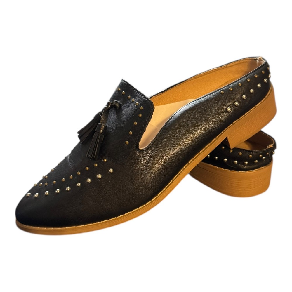 Oasis Society Womens Studded Loafer Mules 8.5 Black Tassel Pointed Toe‎ Slip On
